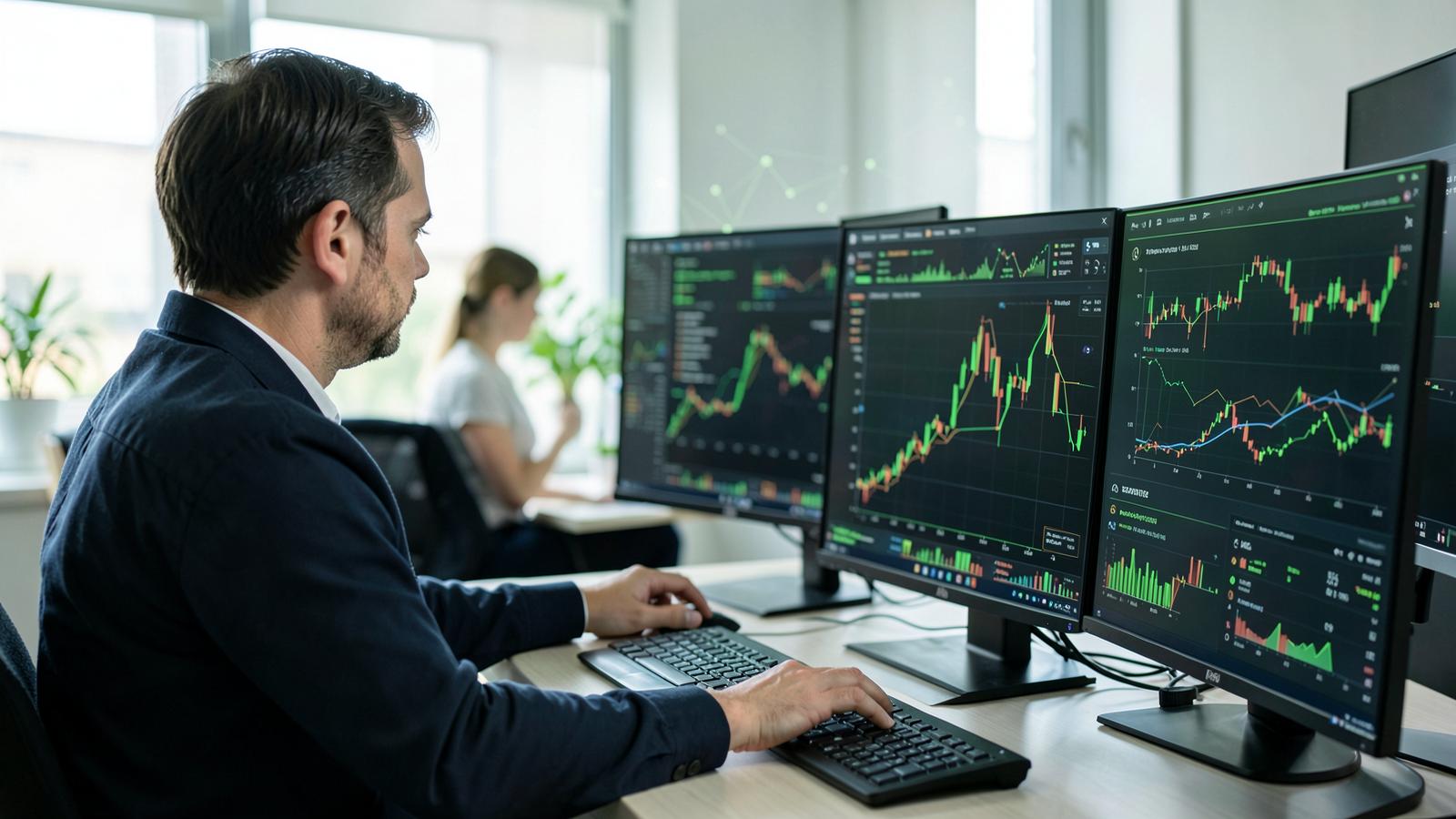 Financial analyst reviewing cash-flow and market data across several screens