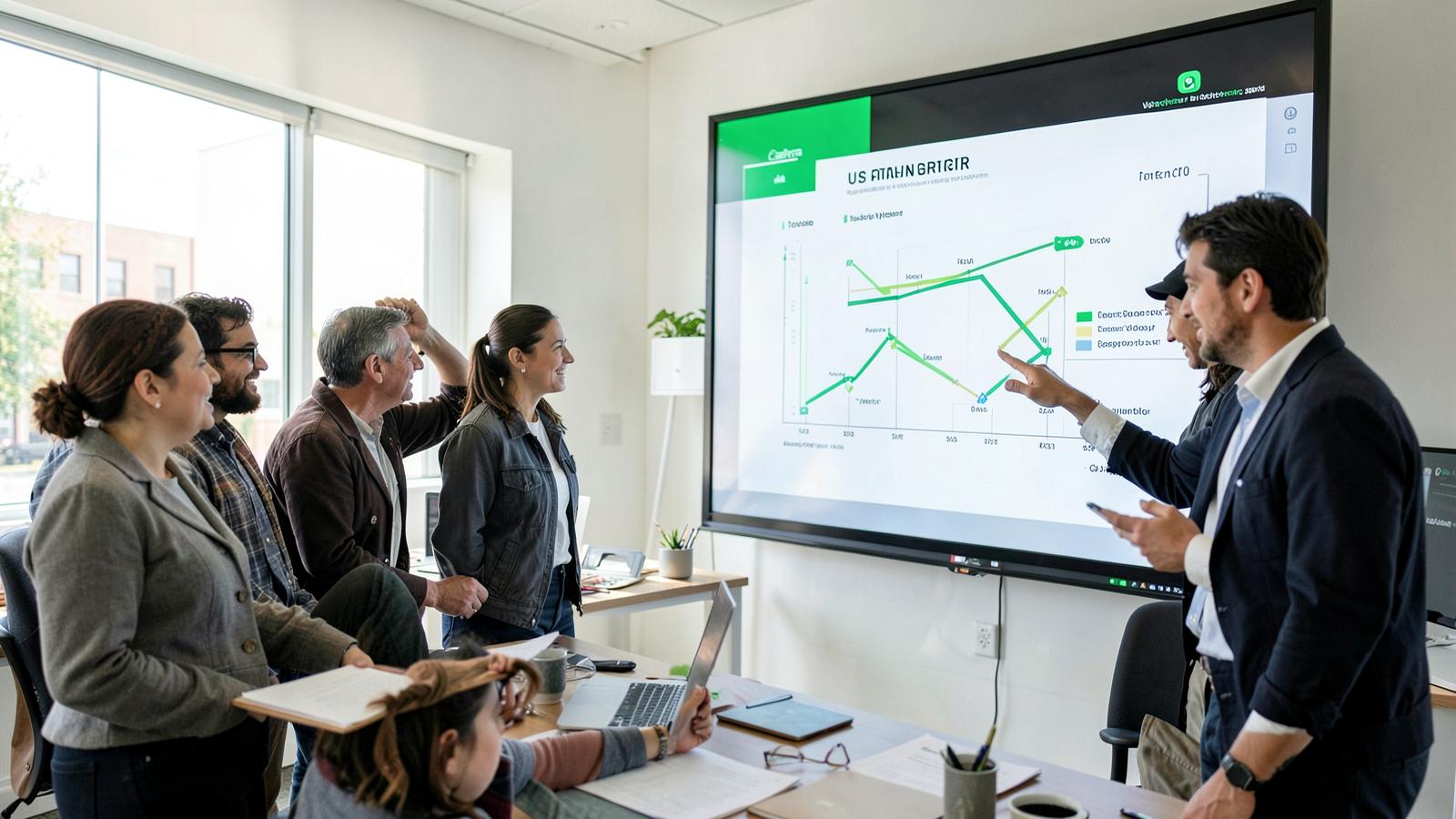 Small business and fintech teams reviewing a product roadmap in a bright office