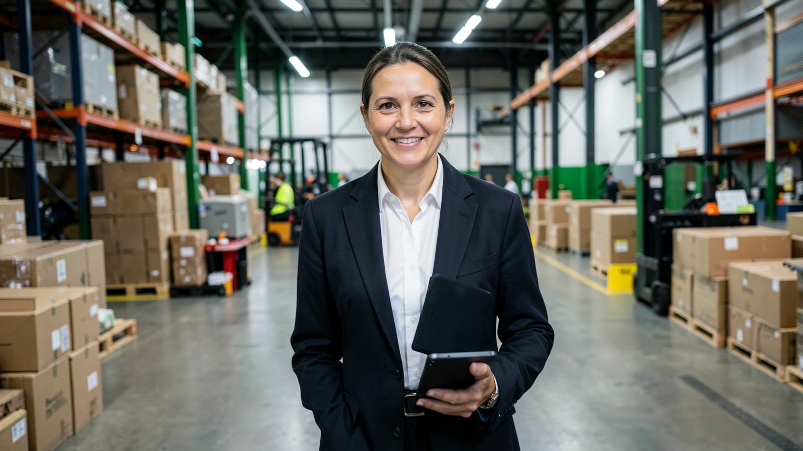 Established warehouse owner holding a tablet among inventory and active operations