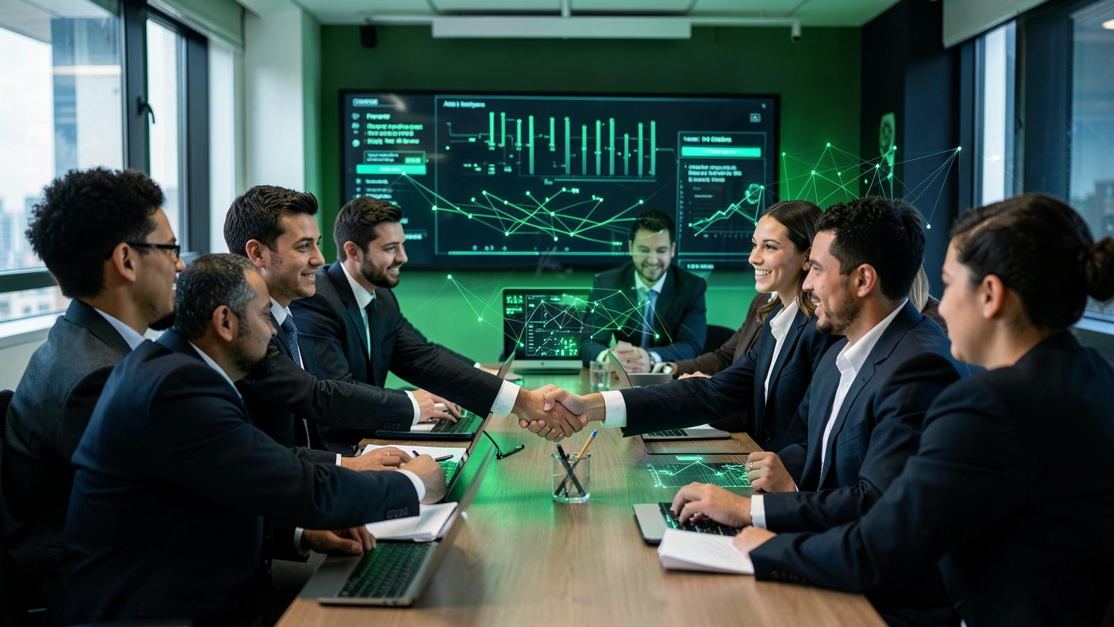 Business and fintech partner teams meeting around connected data screens