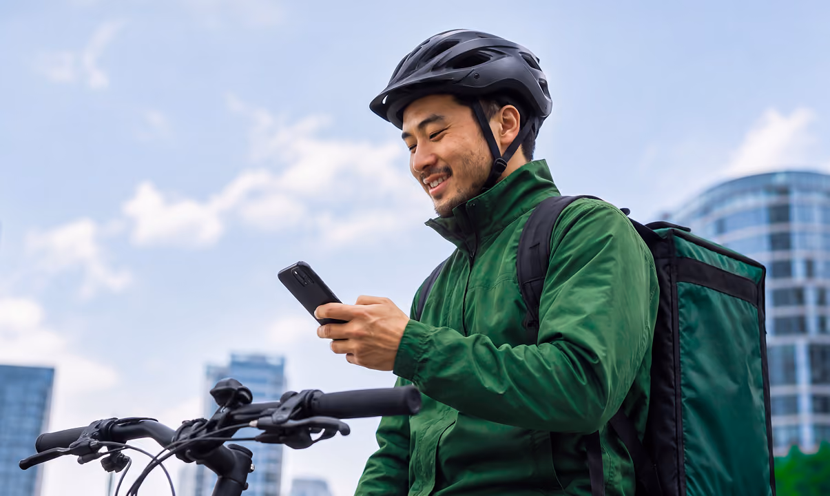 Delivery rider checking a phone beside his bicycle